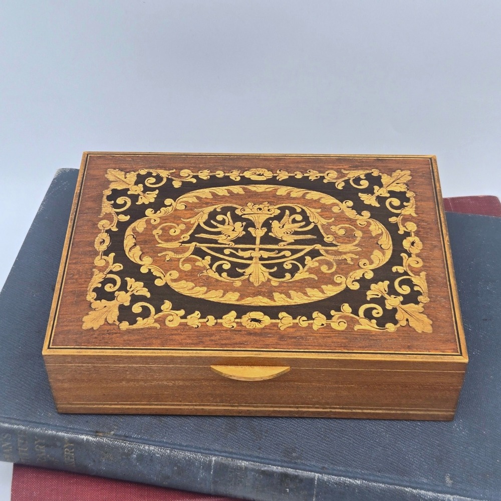 Vintage Italian Marquetry Inlay Wooden Trinket Jewelry Box Floral Birds 6.25"‎